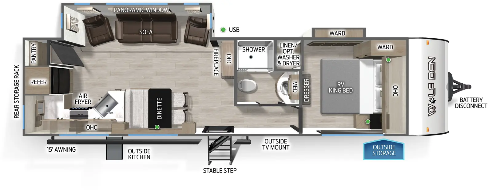 The Wolf Den 271RK floorplan has one entry and two slide outs. Exterior features include: metal exterior, 15' awning and outside kitchen. Interiors features include: rear kitchen and front bedroom.